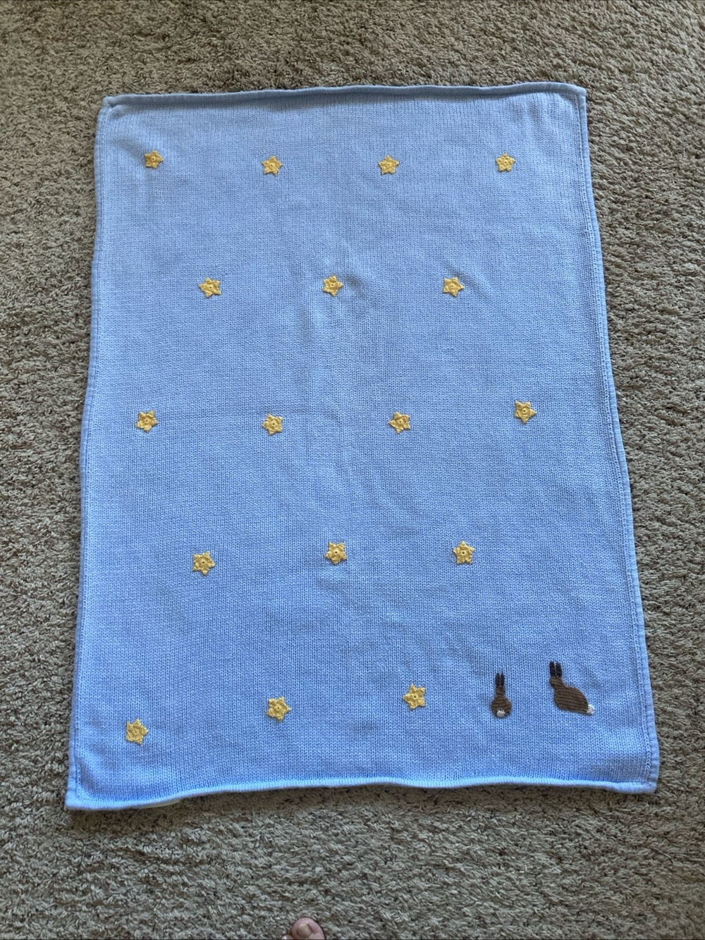 Pottery Barn Kids Blue sweater Knit cotton baby blanket bunny stars 28” X 38”